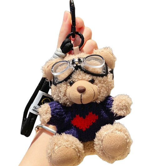 Trendy Plush Cool Bear Keychain – Cute Couple Gift with Heart Shirt