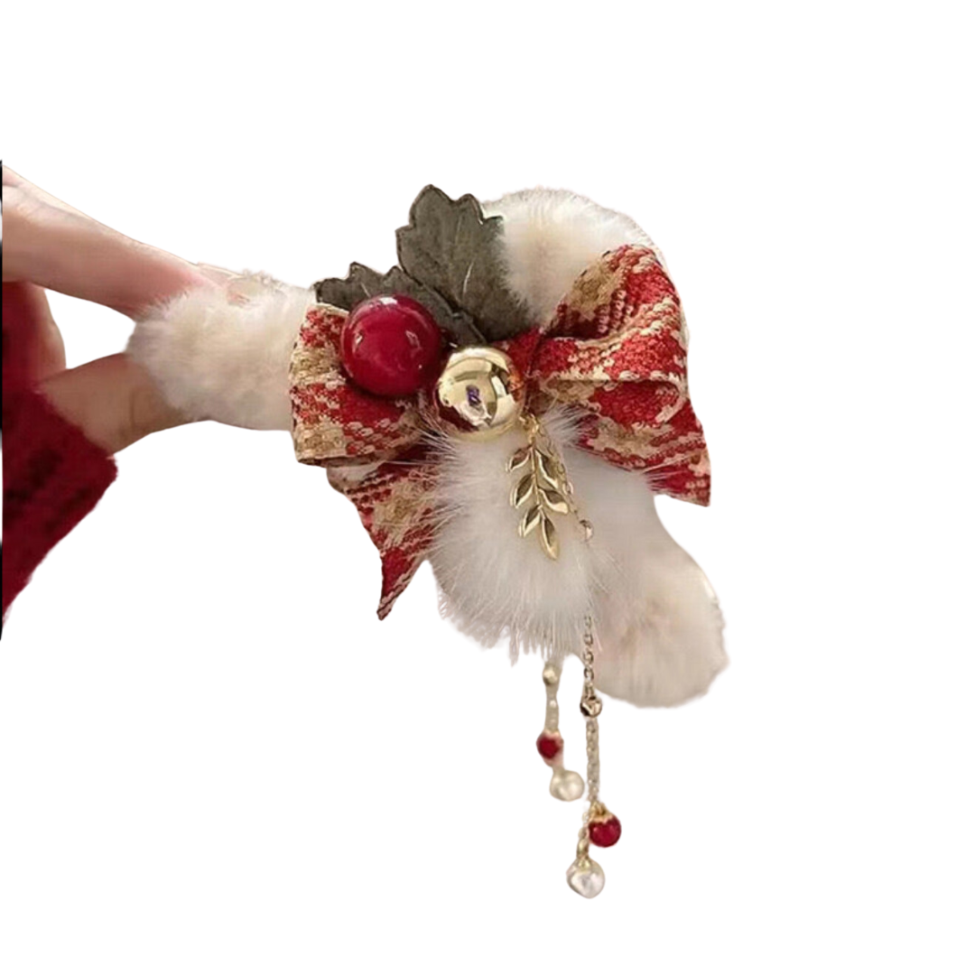 Autumn/Winter Christmas Plush Beaded Duckbill Clip – Elegant Hair Accessory